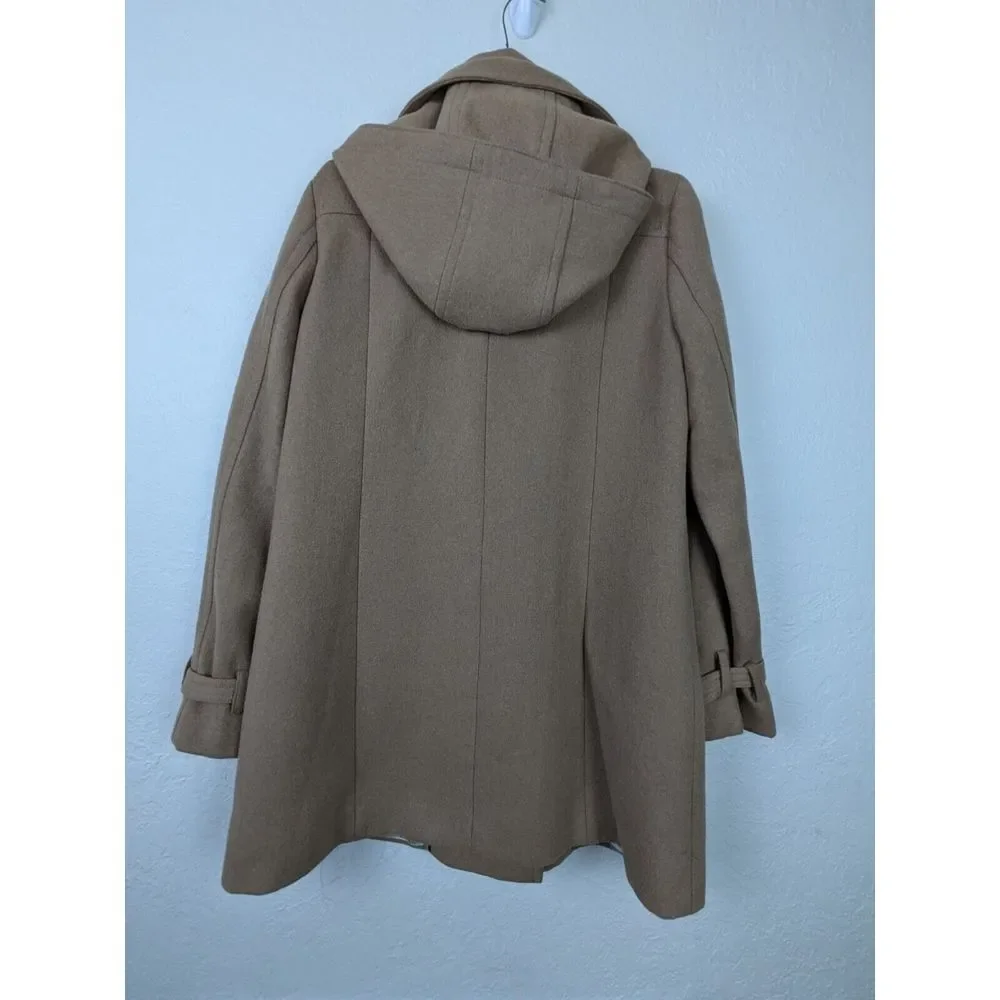 Y2K J Crew Wool OverCoat Womens Sz 4 Tan Camel Lined Winter‎ Jacket Hood Collar